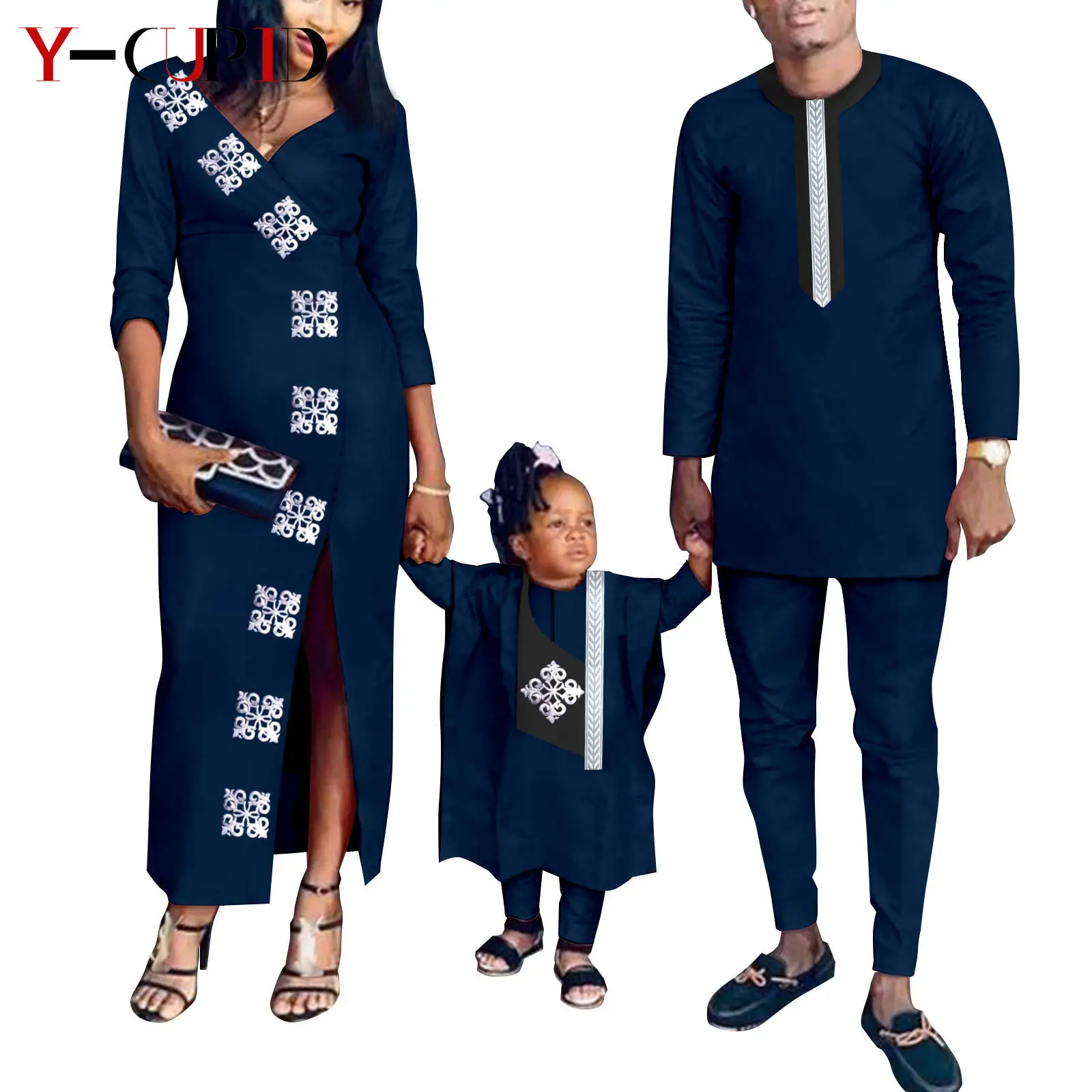 

Bazin Riche African Clothes for Family Agbada Kid Top Pants Robes Sets Dashiki Women Long Dresses Matching Men Outfits Y23F002