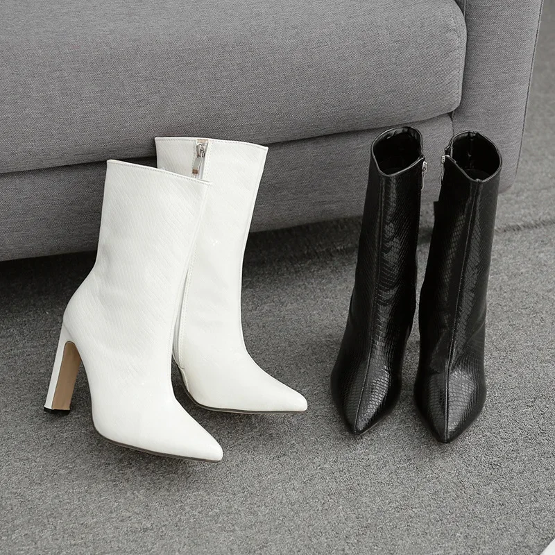 New Women Boots Ankle Boots PU Leather Zipper Women Booties High Heels Autumn Boots Women Shoes White Black 2021