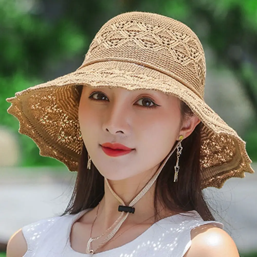 Portable Crochet Summer Sun Hat Hollow Out Weave Women Fisherman Hat Solid Color Breathable Sunscreen Visor Cap Beach