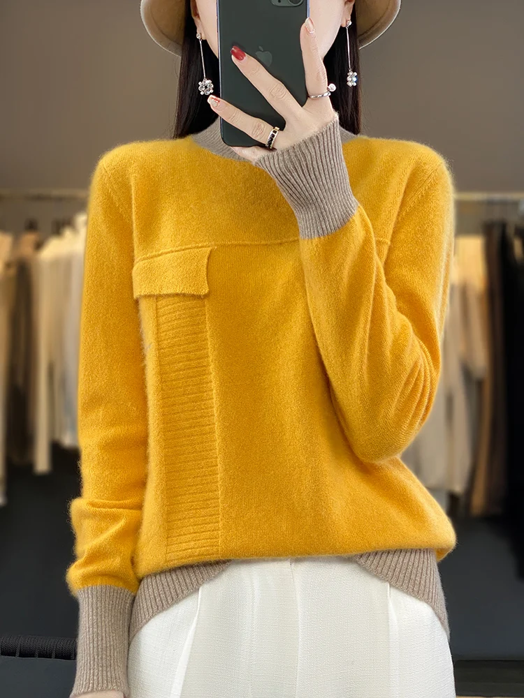 2024 New Spring Autumn Women Cashmere Sweater 100% Merino Wool Knitted  Mock Neck Pullover Color Contrast Soft Long-Sleeved  Top