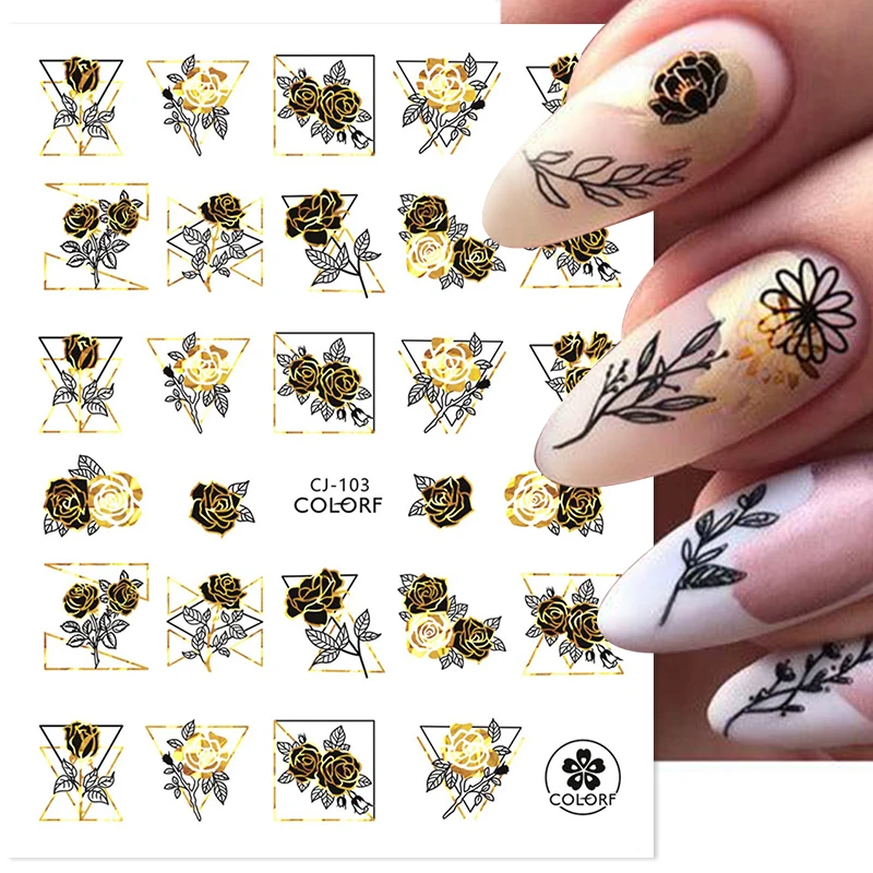 Black Golden Flower 3D Nail Sticker Laser Silver Palm Leaves Floral Adhesive Nails Slider For Manicure Geometric Nail Decals