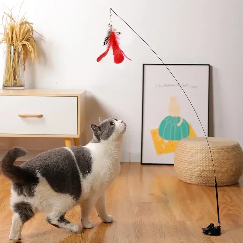 Cat Stick Playing Interactive Cat Toy Handfree Kitten Playing Teaser Wand Toy Suction Cup Bird/Feather Cat Wand Pet Supplies