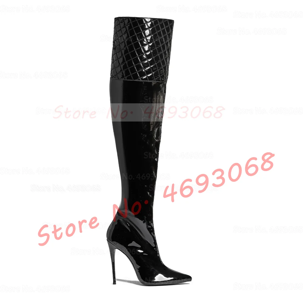Black Shiny Leather Slim Over Knee Boots Women Pointy Toe Stiletto Heel Wine Red Boots Side-zip Diamond Pattern Autumn Shoes