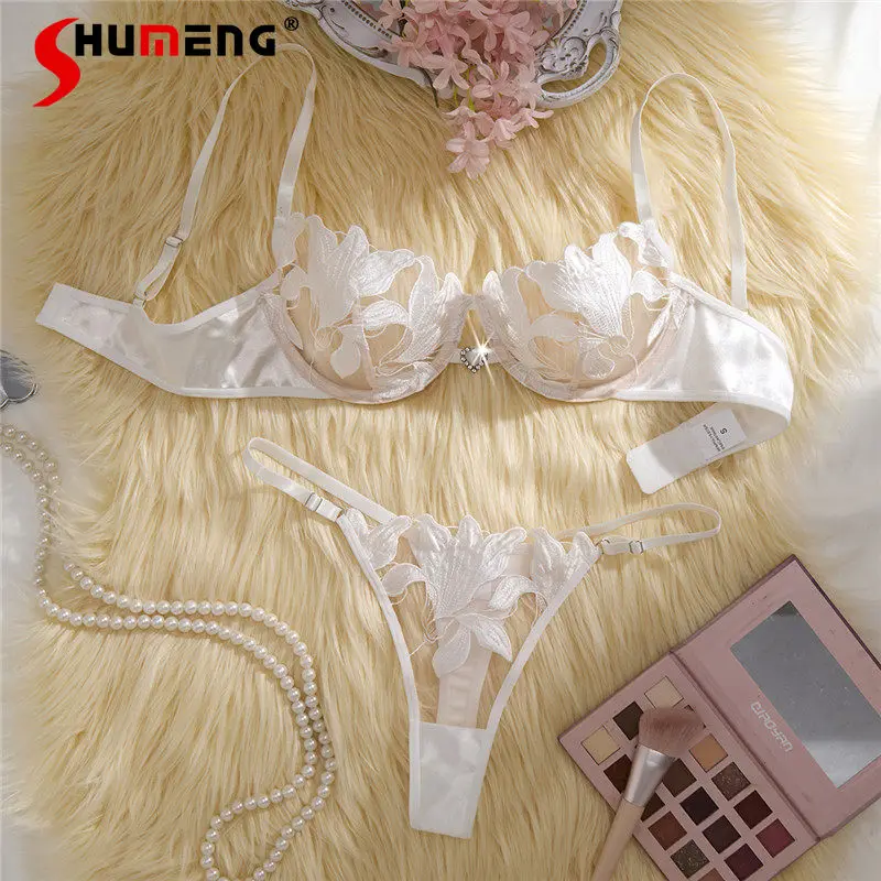 

Белый ультратонкий комплект с бюстгальтером для женщин, прозрачное сексуальное нижнее белье с цветочной вышивкой, женские короткие костюмы в японском стиле Pure Desire