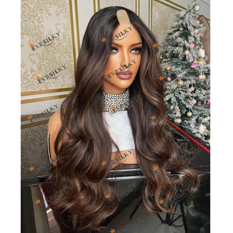 

Super Long 30Inch Highlight Brown Blonde Bayalage Human Hair Wavy 1x4 Size U Part Wigs for Black Women Glueless Remy V Part Wigs