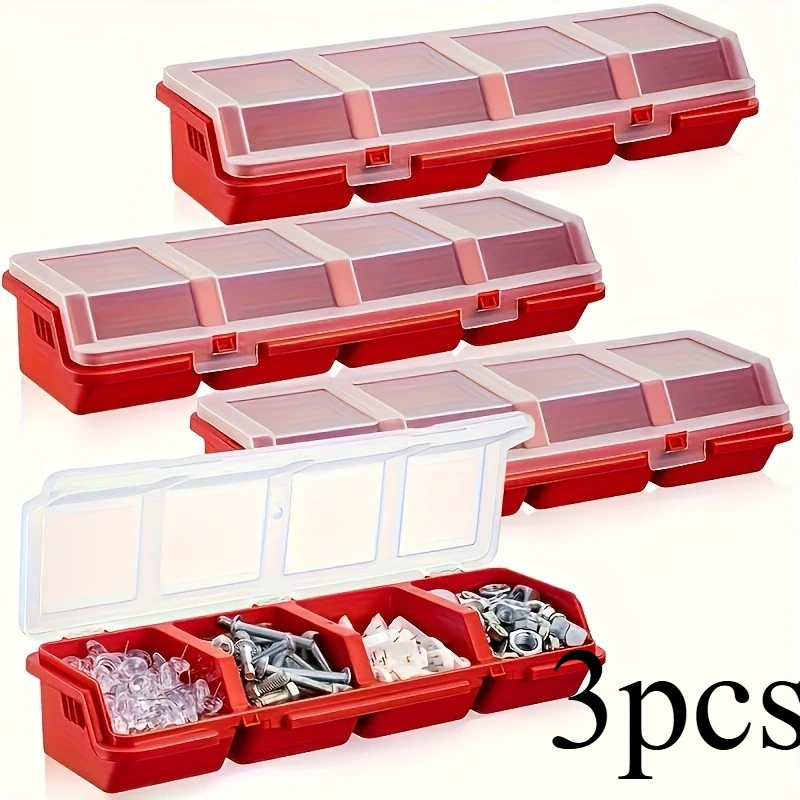 3pcs 4 Compartment Plastic Parts Storage Box Small Screw Hardware Organizer With Lid For Screws Nuts Bolts Garage Workbench