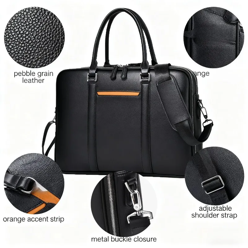 حقيبة كمبيوتر محمول للأعمال من الجلد للرجال مع حقيبة يد مكتبية متعددة الوظائف برتقالية مع حزام كتف #1