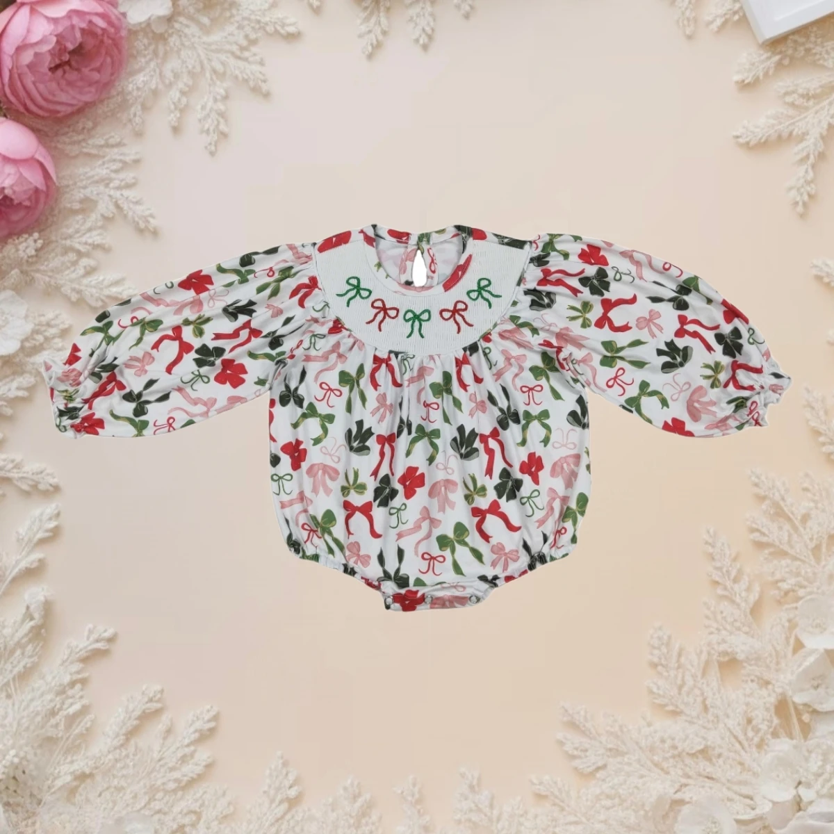 

Hot Sale Christmas Baby Girl Romper Long Ruffle Sleeves Colorful Bows Smocked Toddler Infant Cute Clothes Newborn Holiday Outfit