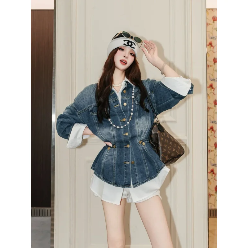 

Design Waist-Cinching Long Sleeves Denim Jacket Women's Loose Small Stature Elegance Cowboy Coat Female