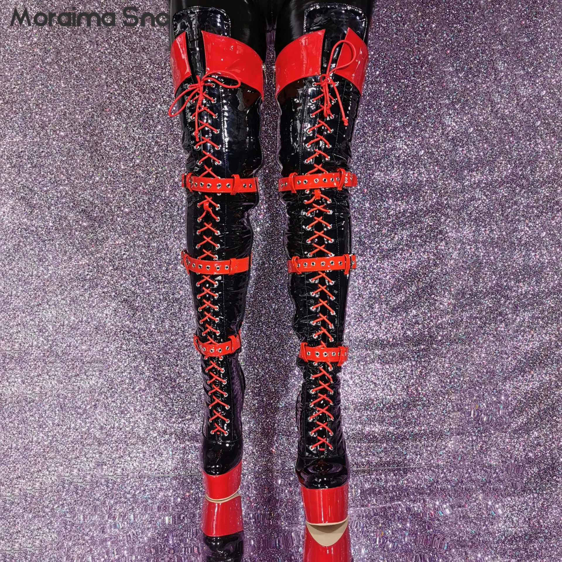 

Color-Blocked Patent Leather Boots Black and Red Belt Buckles High Platform Straps Sexy Cross-Dressing Large Size Long Boots