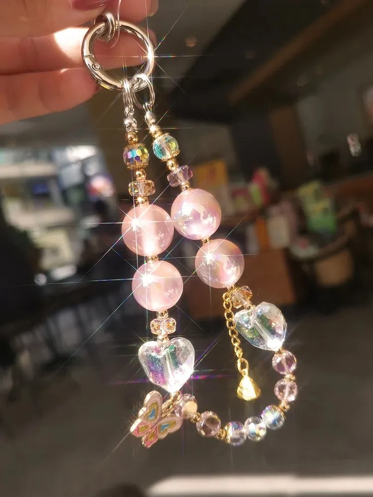 Exquisite Handmade Butterfly Heart Crystal Bead Bracelet Ins Phone Lanyard Hand-held Wrist Beaded Bracelet For Women Anti-loss