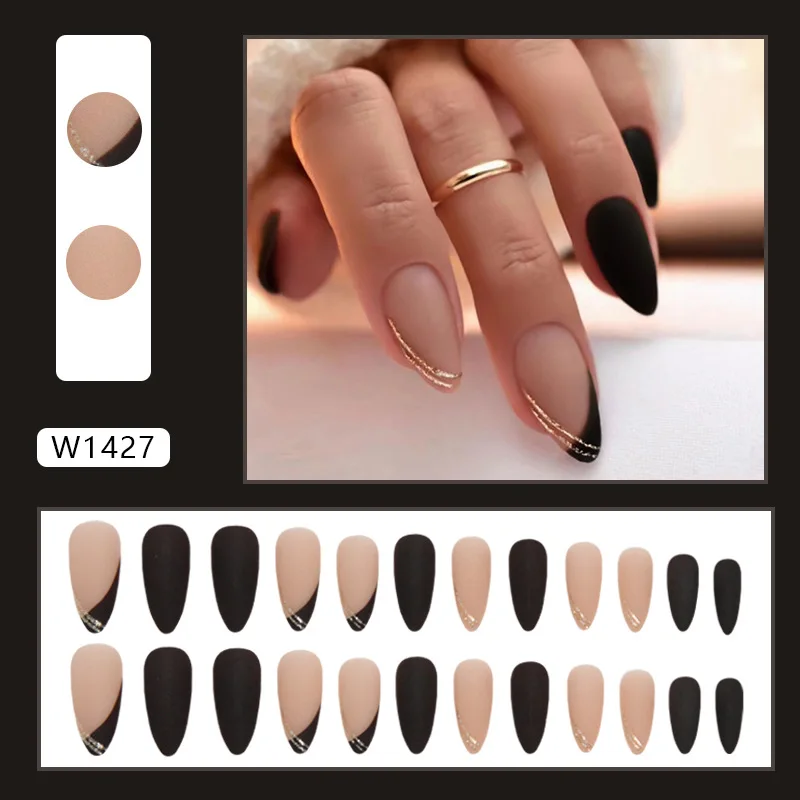 Long Stiletto False Nails Black Edge French Gold Thread Press On Nails White and Black Design Wearable Fake Nails Manicure Tips