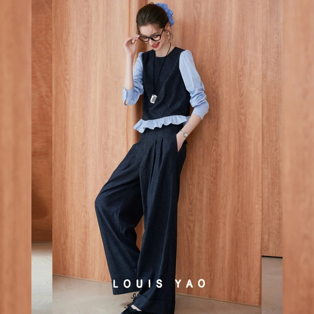 

LOUIS YAO Commuter Contrast Color Long Sleeve Blouses Two Piece Set 2025 Autumn Round Neck Lace Shirt and Pants Women's Set