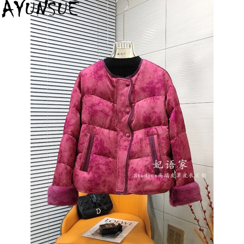 

AYUNSUE White Goose Down Jacket Woman Elegant Jacquard Long Sleeve Tops Fashion Mink Fur Cuff Winter Outerwears Woman Clothes