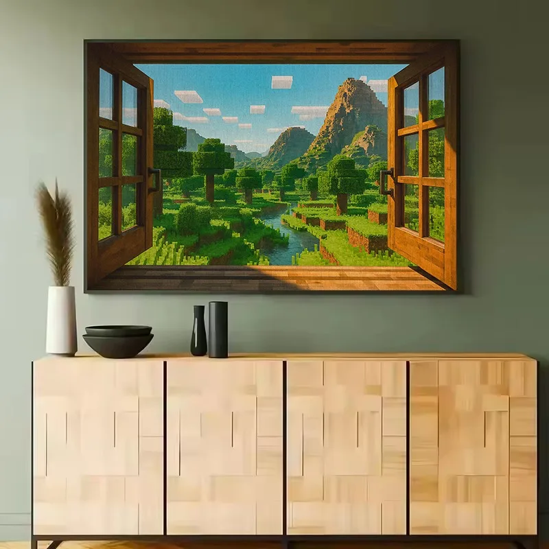 Window View Steve Anime Pixel World Sandbox Video Game Poster Wall Stickers Paintings Home Gaming Room Home Decor