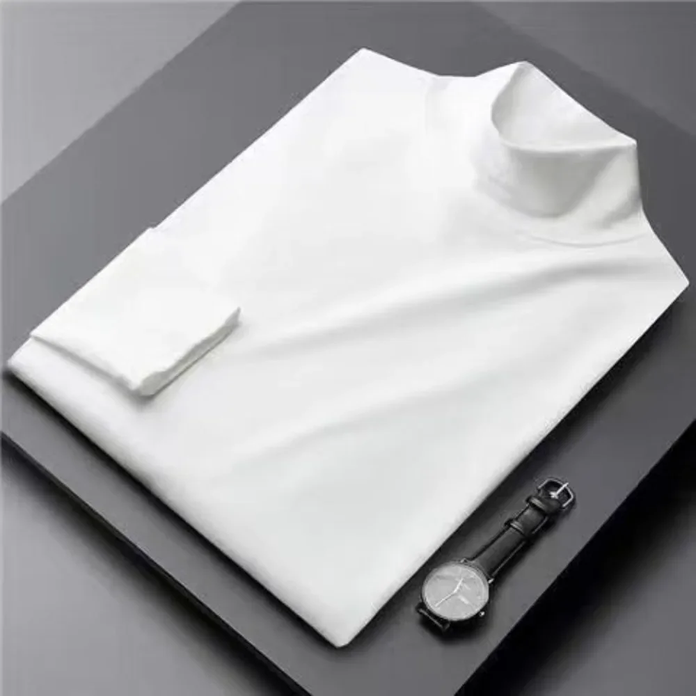 2023 Autumn Winter High Neck Long Sleeve T-Shirt Men's Stretch Bottoming Shirt Pure White Thin T-Shirt Tee Tops Undershirt Man