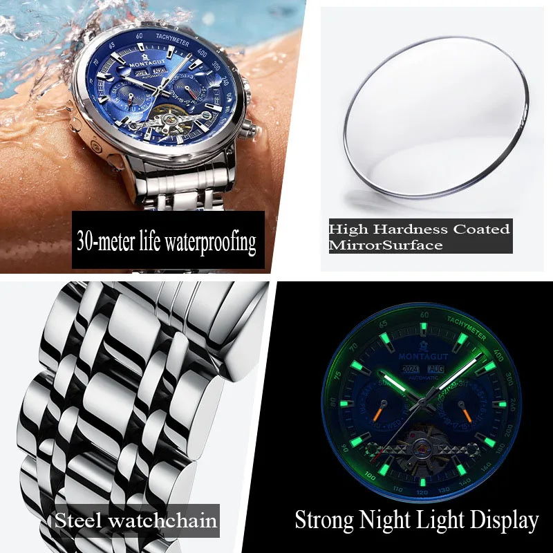 Hollow dial three eye mechanical watch for men, fully automatic mechanical watch, waterproof multifunctional men's watch