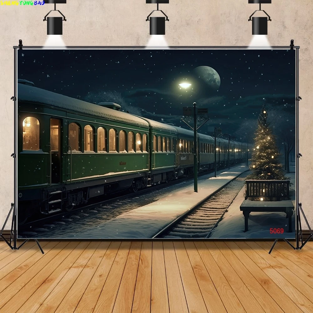 

Vinyl Custom Christmas Train Window Night Photography Backdrops Accompanied By Fluttering Snowflakes Studio Background WW-66