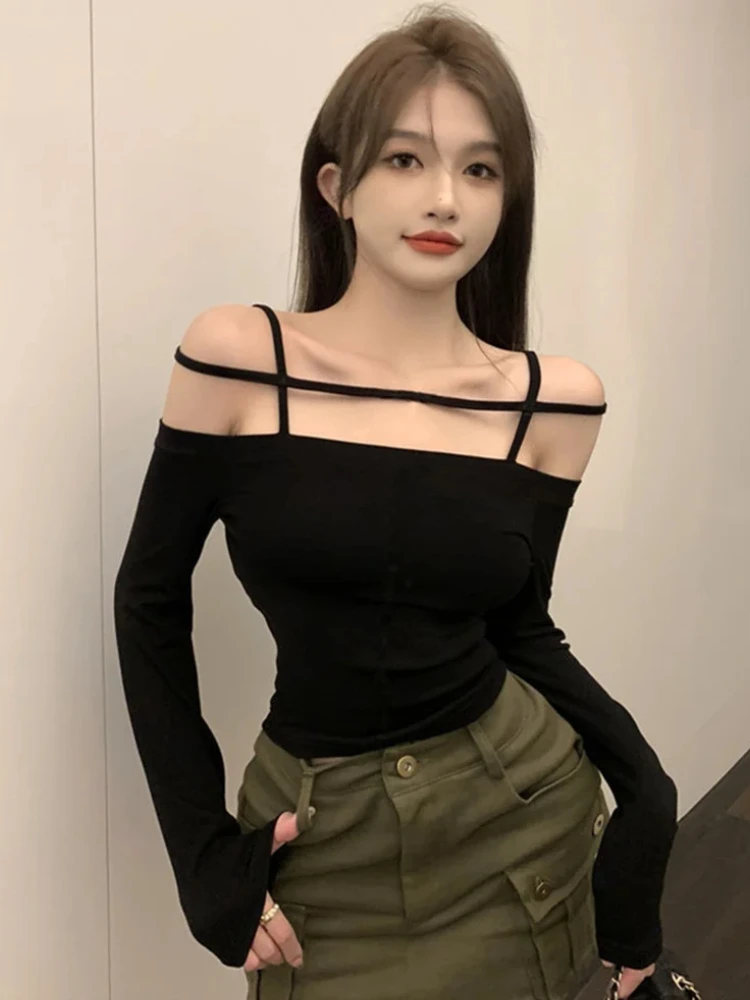 

French Vintage Sexy Out Women Long Sleeve T-shirts Casual Slim Tops Women Elegant Off Shoulder Retro Y2k Korean Fashion Summer