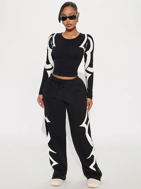 

Casual Elastic Straight Leg Pants Set Low Waist PVC Fabric PU Material Splice Proc Sexy Sle Mid-aged Women's Pants