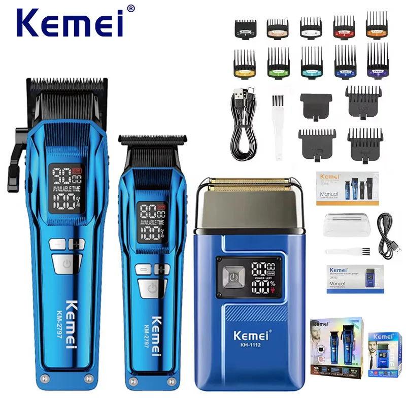 Kemei Trimmer KM-2797 Rechargeable Electric Hair Clippers Set LCD Shaver KM-1112 Dry And Wet Shaving Machine Cordless Kit