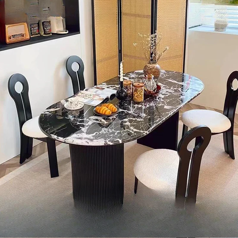 

French marble antique oval small apartment family dining table high-end with chair