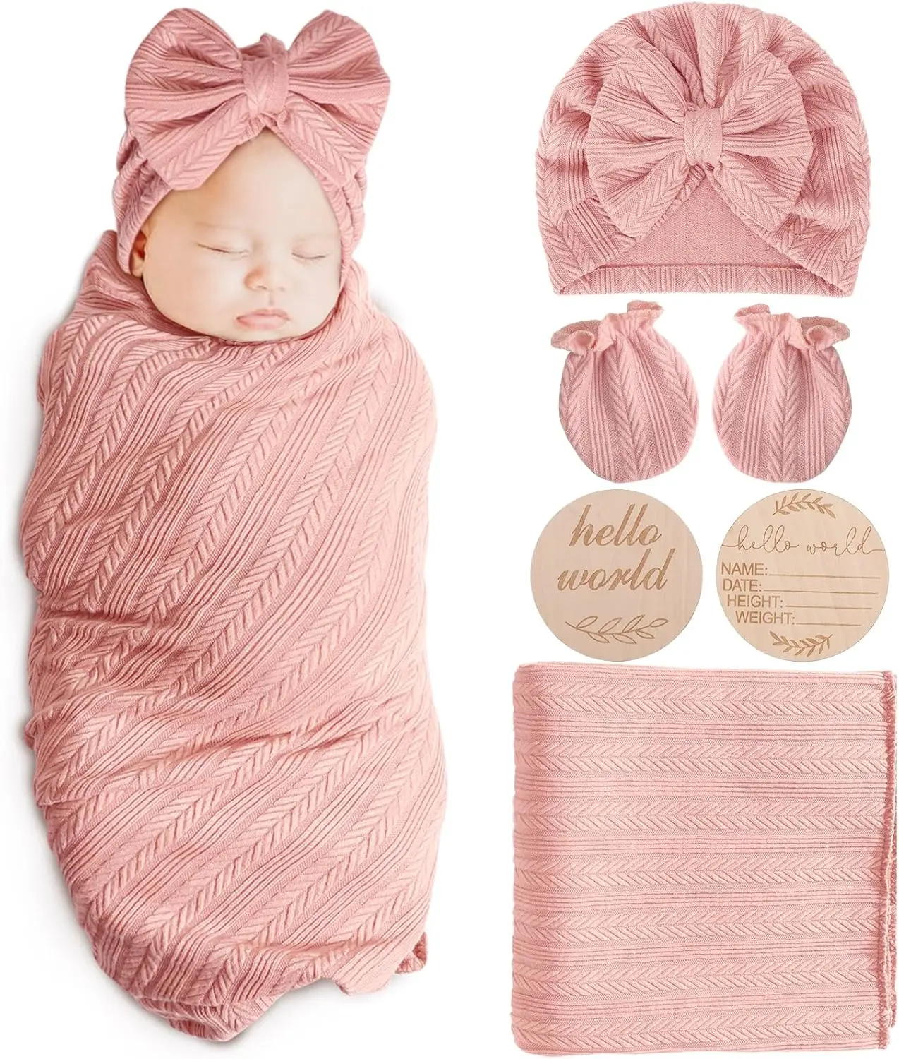 

Набор для новорожденных: пеленка-кокон с бантом, шапочка, варежки, деревянная карточка, узор «пшеница», для мальчиков и девочек, для детской комнаты