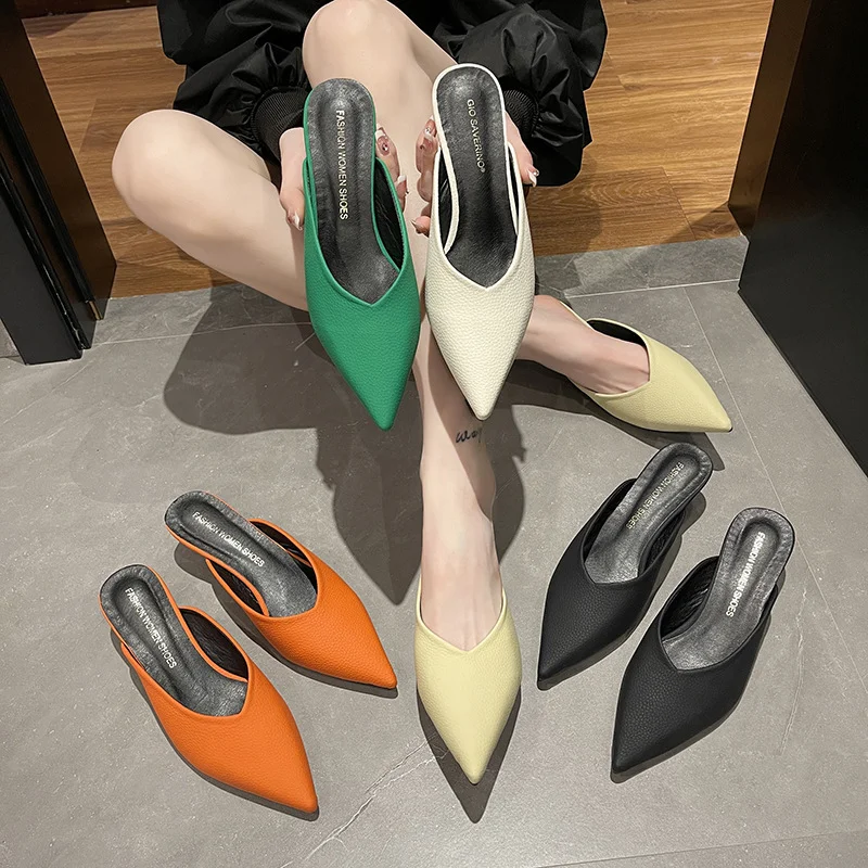 Maogu 2023 Summer Pointed Slides Women Outdoor Soft Leather Stiletto Mules Slippers Elegant Woman Heeled Shoes Sandals Female 40