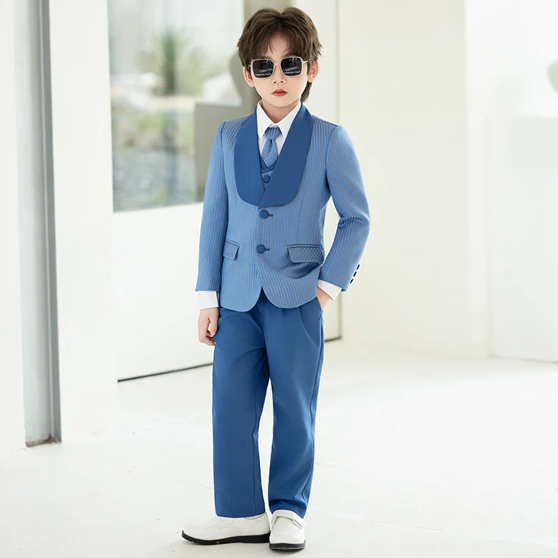 Boys Elegant Striped Suit Set Shawl Collar Jacket Vest Trousers with Tie Kids Wedding Ring Bearer Piano Recital Outfit 4-14Y