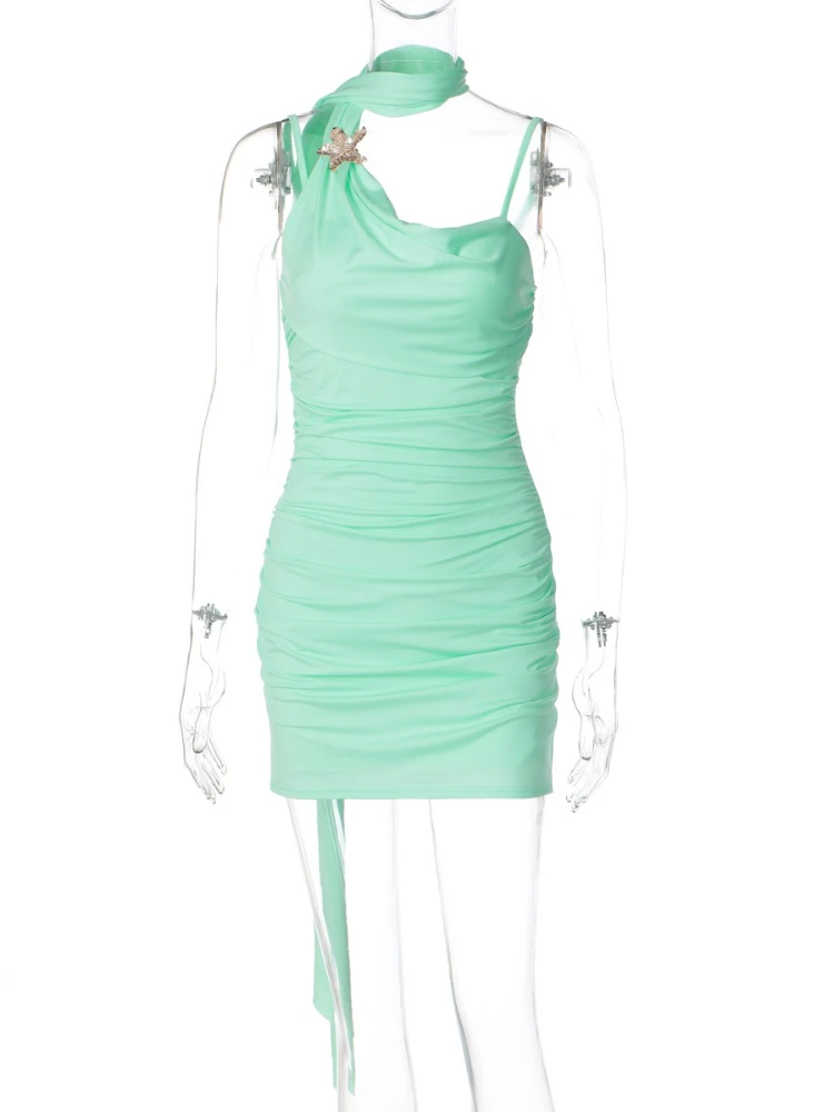 섹시한 밴디지 슬리브리스 주름진 휴가용 비치 드레스 여성용 스파게티 스트랩 백리스 하이웨이스트 슬림 숏 파티 드레스