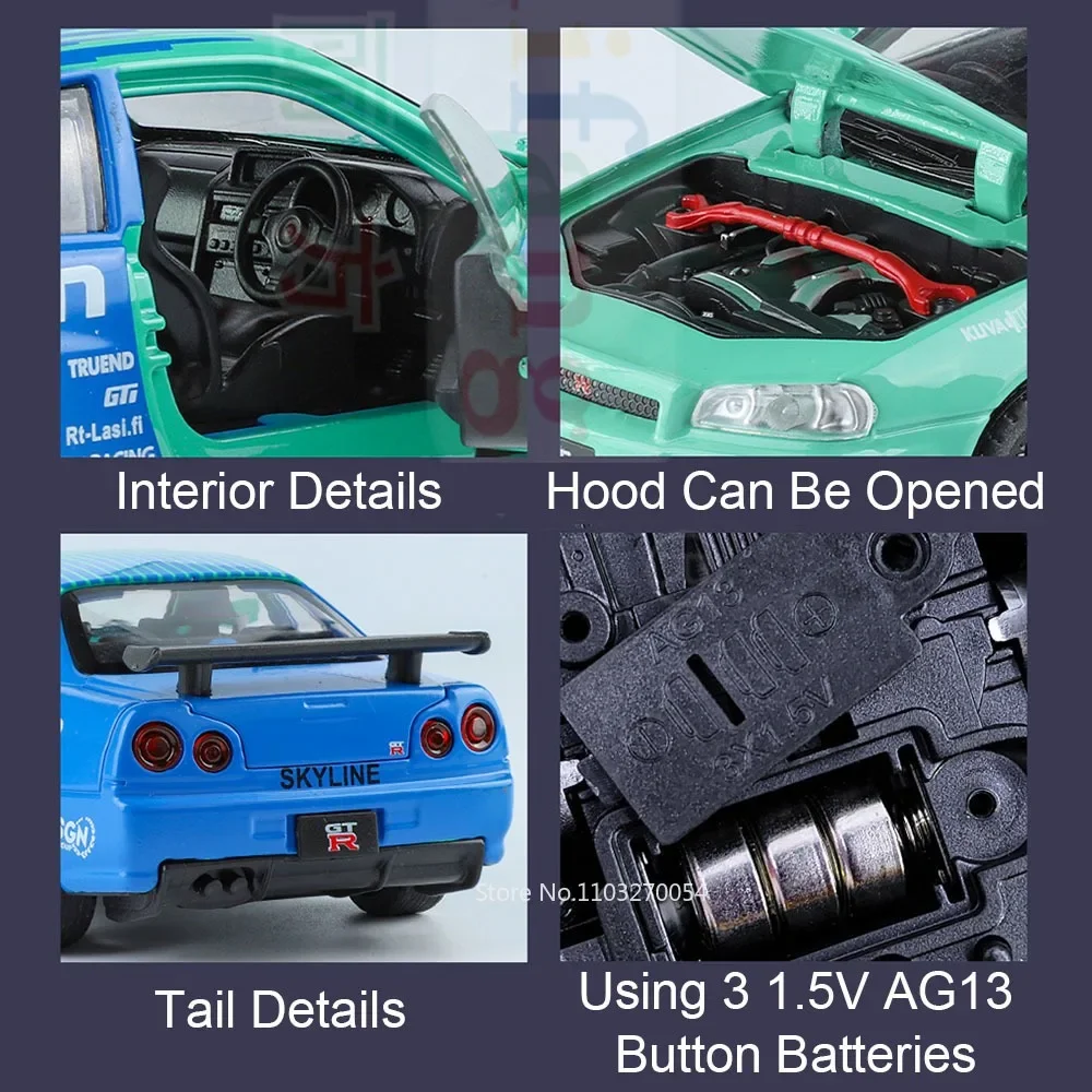Jouets de voiture en alliage moulé sous pression GTR Skyline R34, échelle 1:32, modèle d'ornement, portes ouvertes, son et lumière, véhicules rétractables, cadeau pour enfants et amis