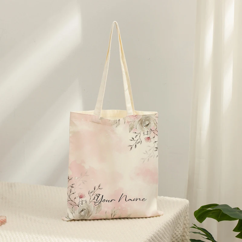Personalized Floral Pattern Tote Bag, Custom Design Reusable Shoulder Handbag for Ladies Daily & Travel Use