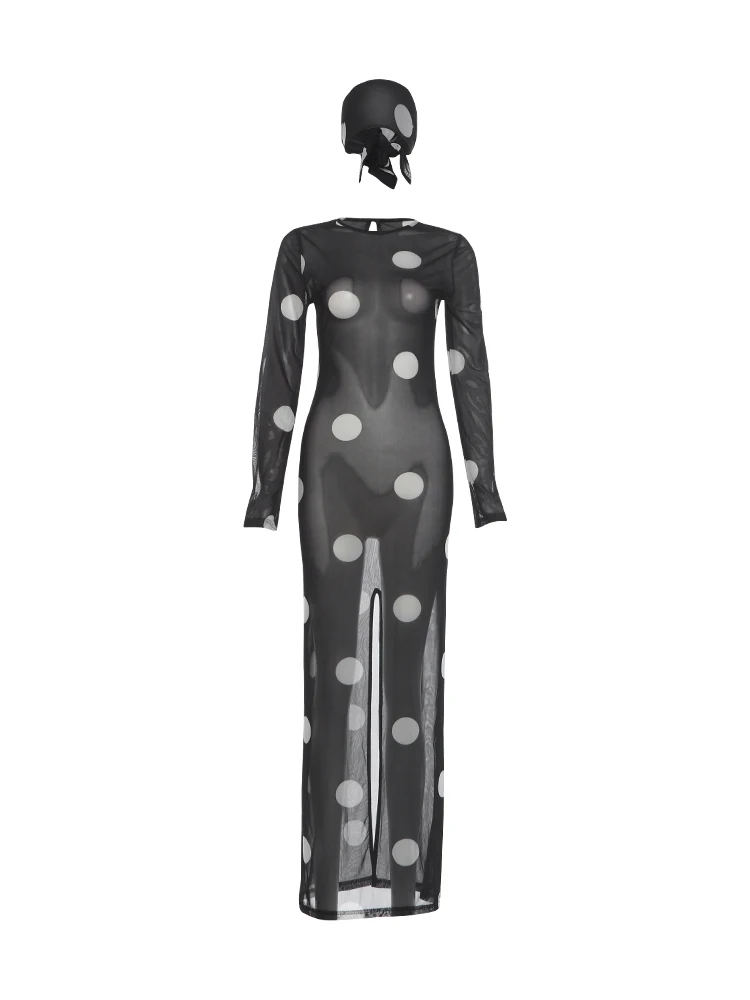 Sisterlinda Frau Sexy durchsichtiges Kleid + Kopftuch mit Polka-Dot-Print, O-Ausschnitt, volle Ärmel, Robe, Mitternachtsclub-Party, modische Kleider – Detail 2