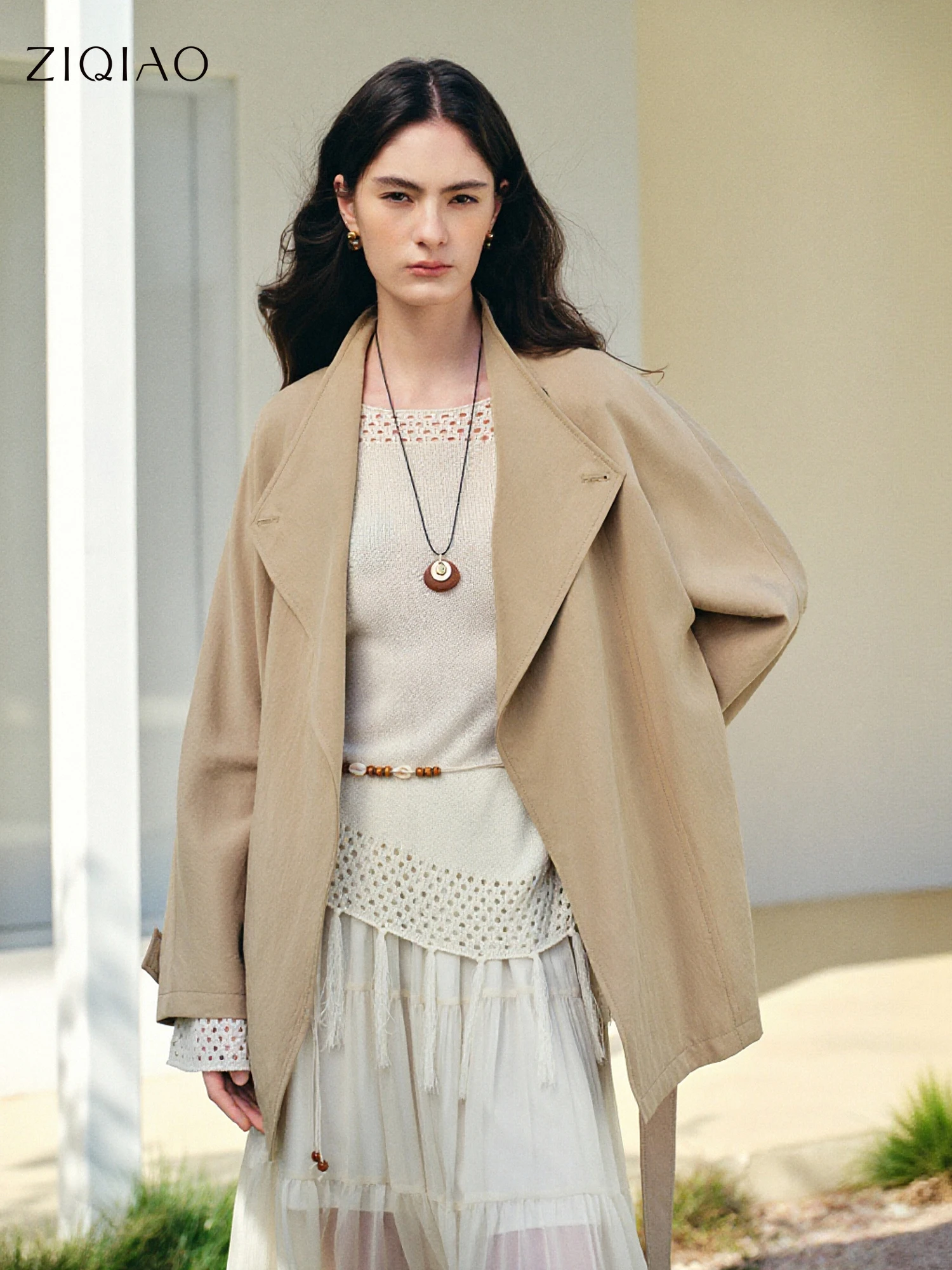ZIQIAO Elegant Design Women's Trench Coat for Petite Women with Shoulder-to-Sleeve Overlap Collar 2026 Spring New Arrival Trench