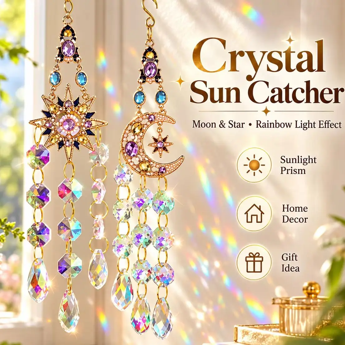 Vintage Star Moon Crystal Sun Catcher, Rainbow Prism Hanging Ornament, Rhinestone Tassel Suncatcher for Window Home Decor Gift