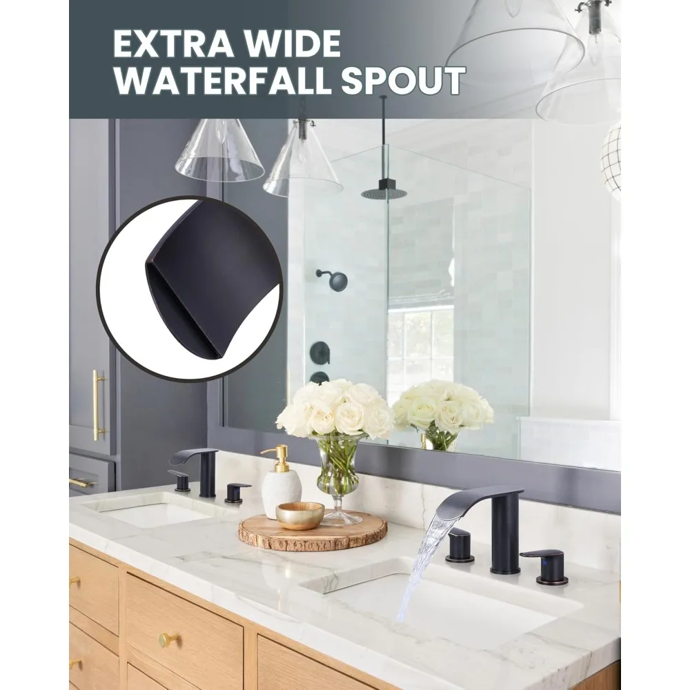 Grifo de baño de cascada generalizado de 3 orificios y 8 pulgadas, mezclador de lavabo de tocador de 2 manijas con drenaje y mangueras, bronce frotado con aceite