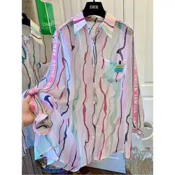 2024 Simplicity Ladies Striped Tops Fashion New Turn-down Collar Blouses Casual Long Sleeve Spring Autumn Loose Women's Clothing