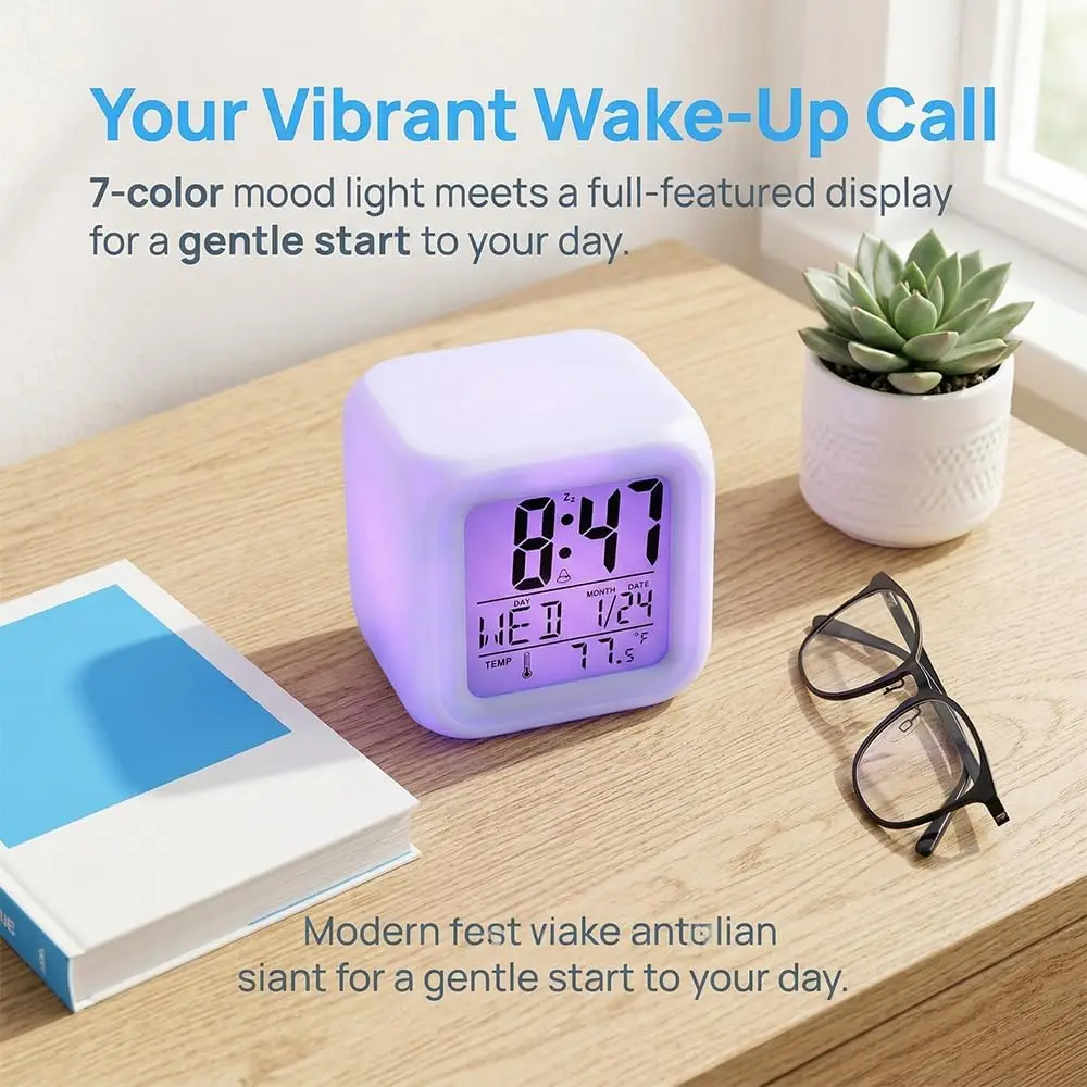 Square Alarm Clock with 7 Color Changing Night Light, Digital Kid Alarm Clocks with Snooze, Wake Up Digital Clock , Temperature