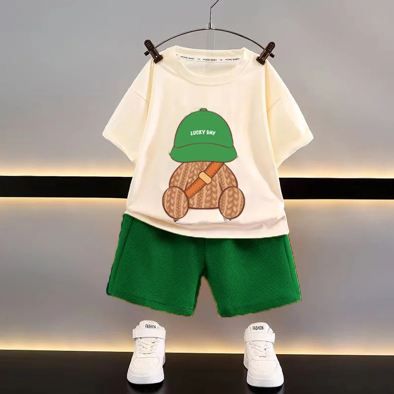 2024 New Boys Sport Suits Fashion Bear Printed Children Casual Clothing Summer Short Sleeve Tops+Shorts Tracksuits 2 to 6 Years