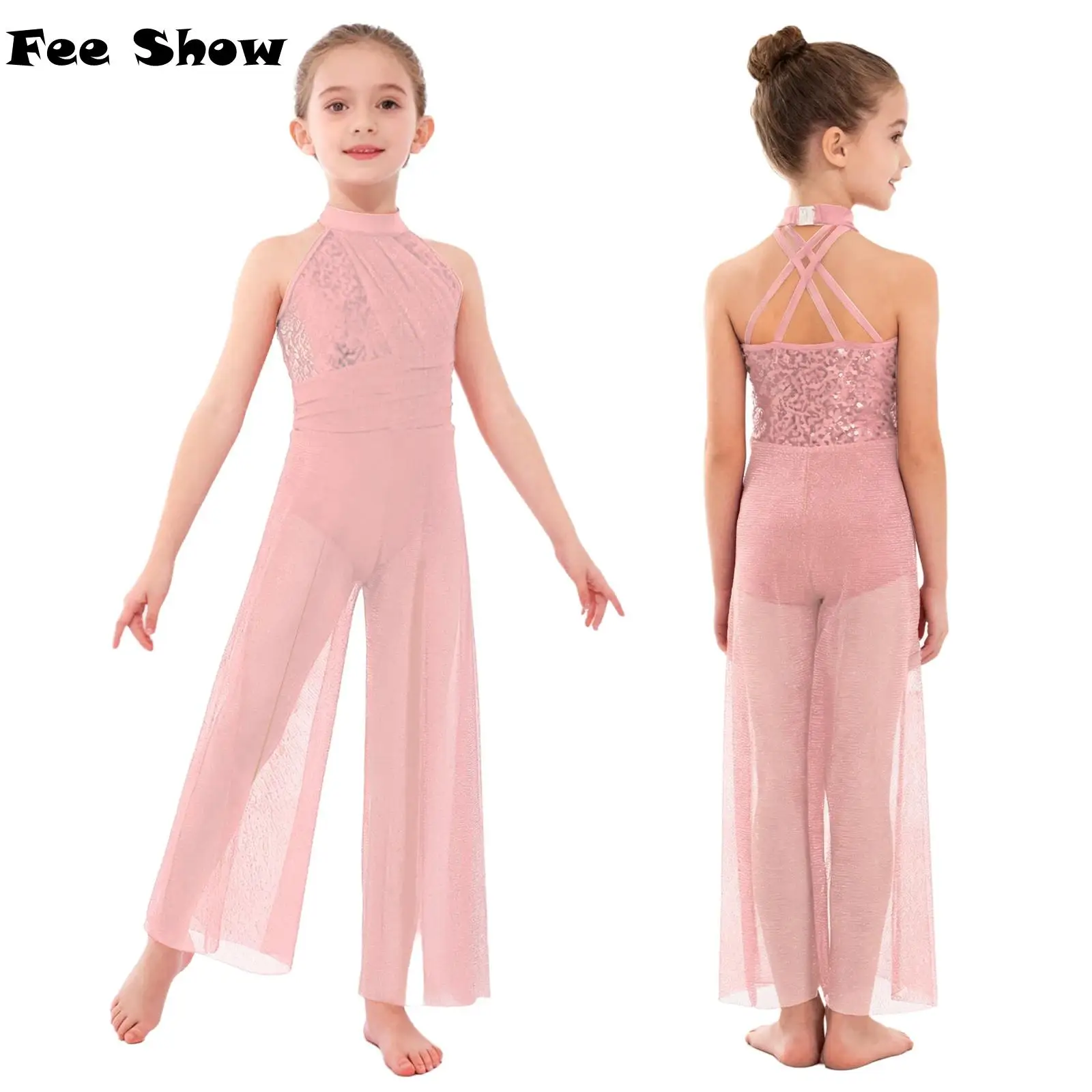 

Girls Lyrical Dance Jumpsuit Sleeveless Mock Neck Strappy Back Shiny Sequins Bodice Shimmery Mesh Split Wide-Leg Bodysuit