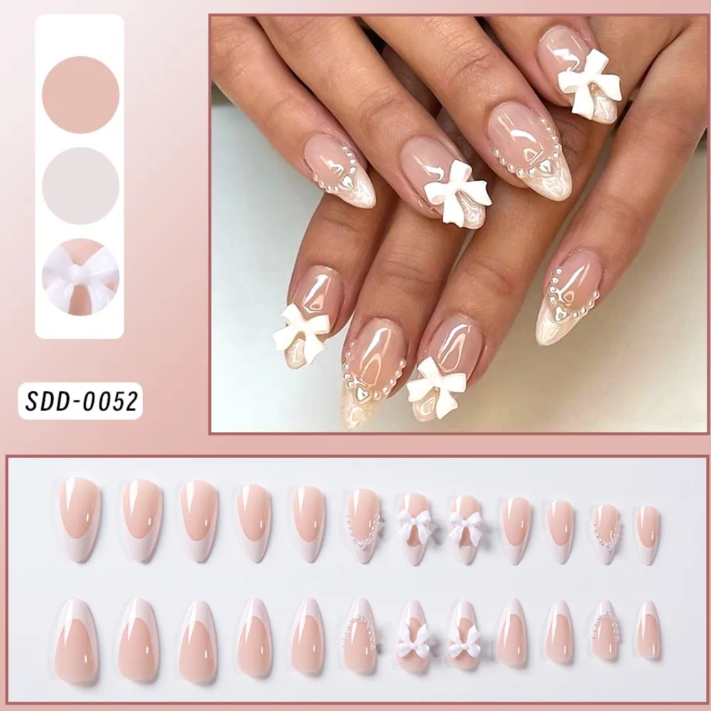 24pcs French Almond False Nails Wearable Bowknot Pearl Rhinestone Desgin Fake Nails Short Simple Full French Tips Press On Nails