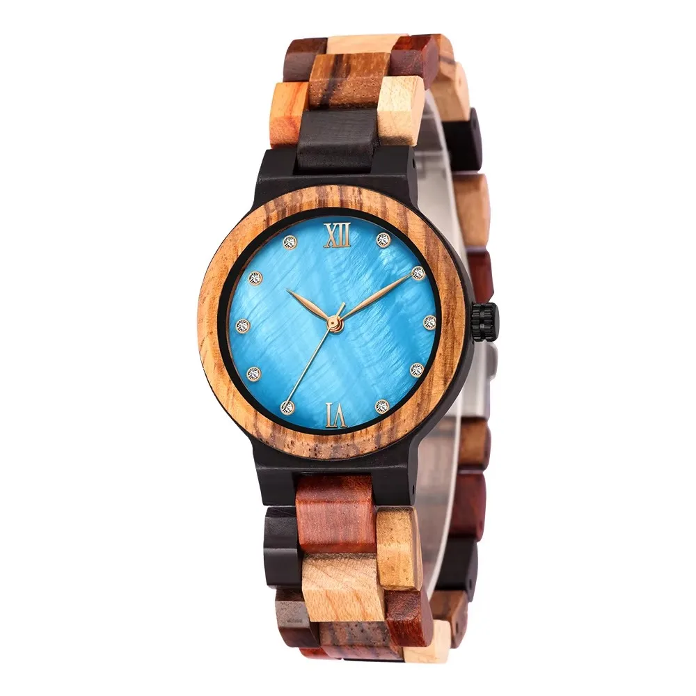 KUNHUANG Colorful Wood Watch Female Quartz Wooden Watch Women's Pearl Shell Wristwatches With Box Tool Wholesale Dropshipping