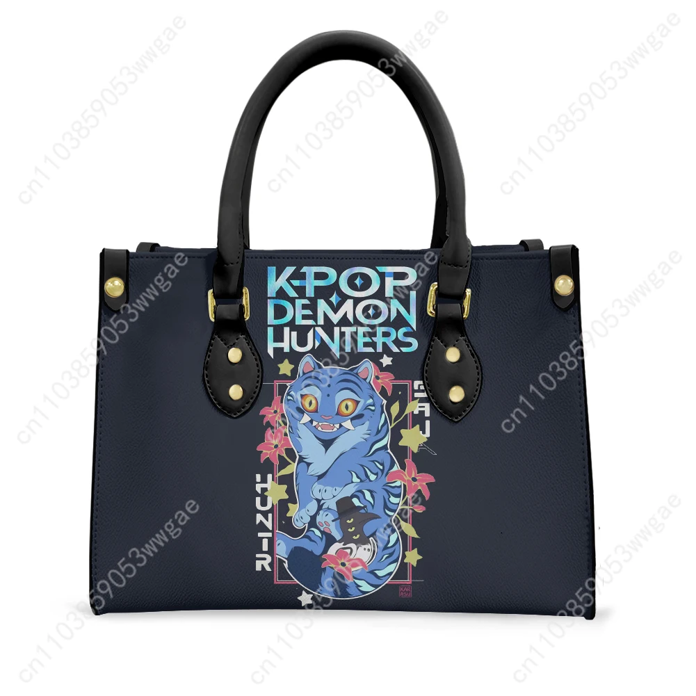 KPop Demon Hunters Tote Bags Purse Women Man Personalized Text Image PU Leather Customized Handbags Commuter Shopping Gift Bags