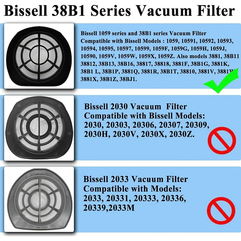 4 Piece Replacement 2037423 For Bissell 3-In-1 Vacuum Filters For 38B1, 38B1L, 1059 Series Lightweight Stick Vacuum