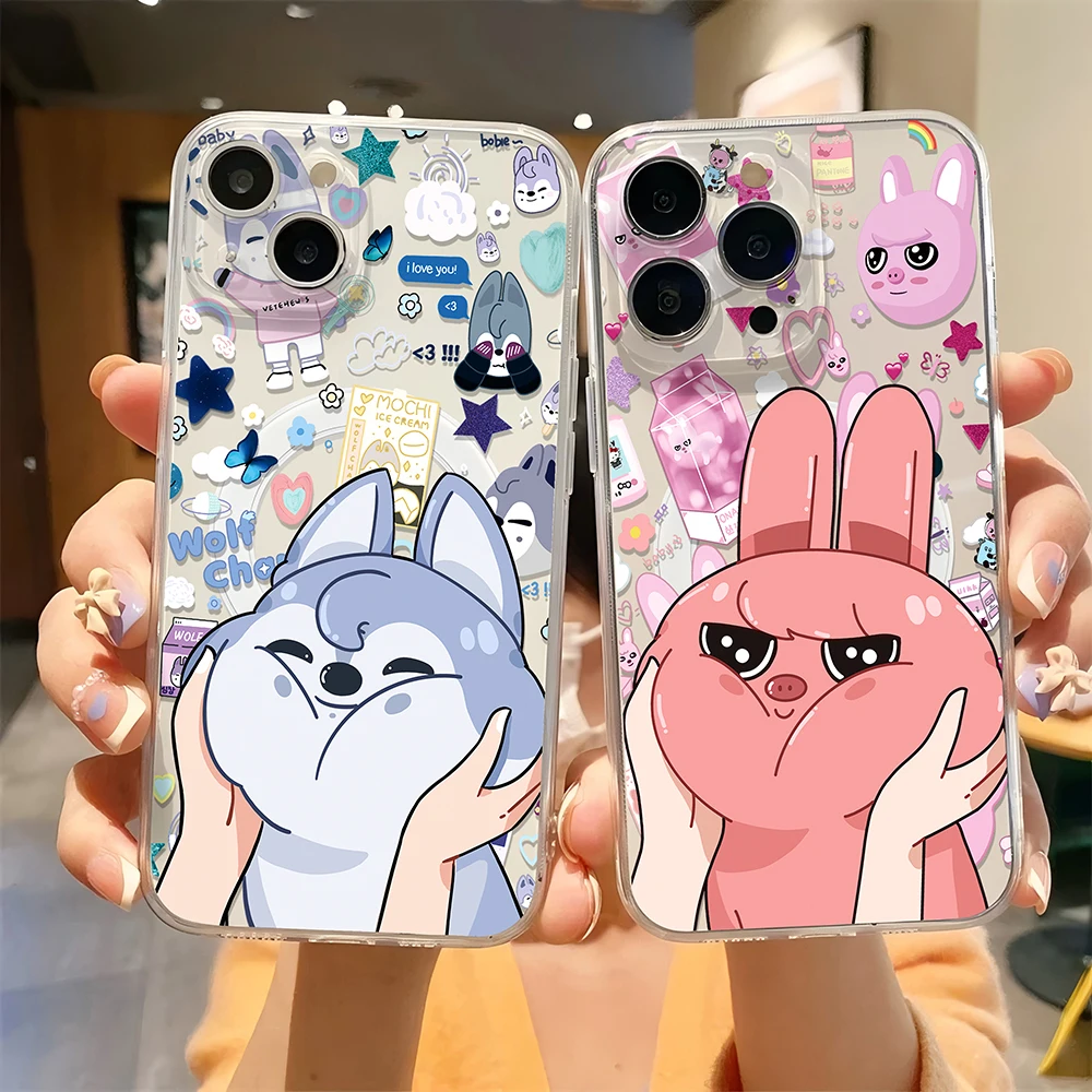 Cartoon cute S-Stray K-Kids Magsafe Magnetic Phone Case for Samsung Galaxy S24 S23 S22 S21 S20 FE Plus Ultra 5G Soft Clear Cover