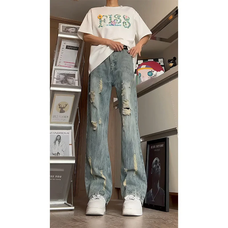 Retro American Style Distressed Beggar Ripped Jeans Men's Summer New Casual Pants Tall Straight Bootcut Trousers