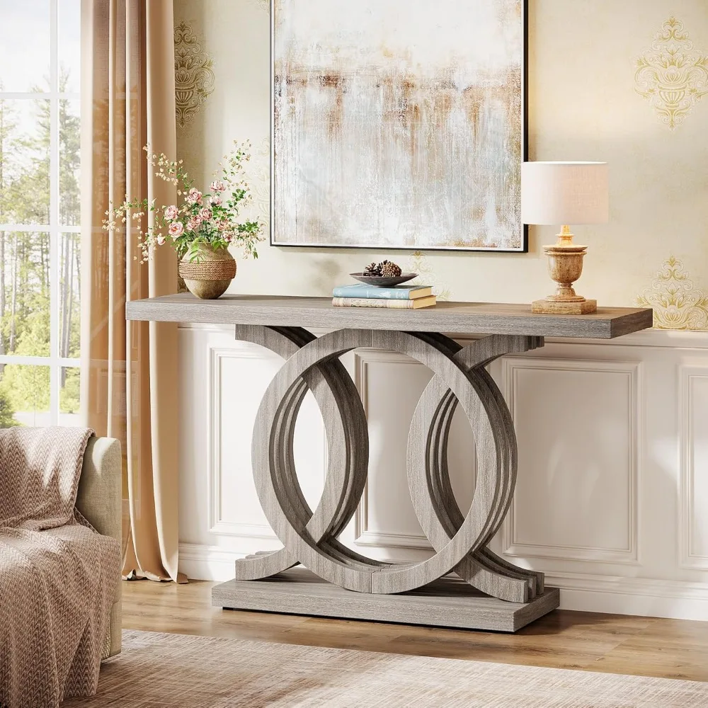 55-Inch Console Table with Geometric Wood Base, Modern Entryway Table with Thick Tabletop for Living Room, Hallway