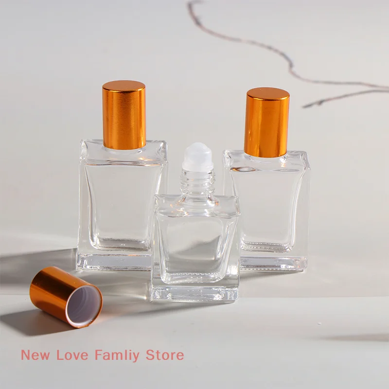 1 Pc 8/10/15ml Empty Clear Square Glass Essential Oil Bottle Steel Roller Gold Lid Massage Perfume Roll On Sample Vials