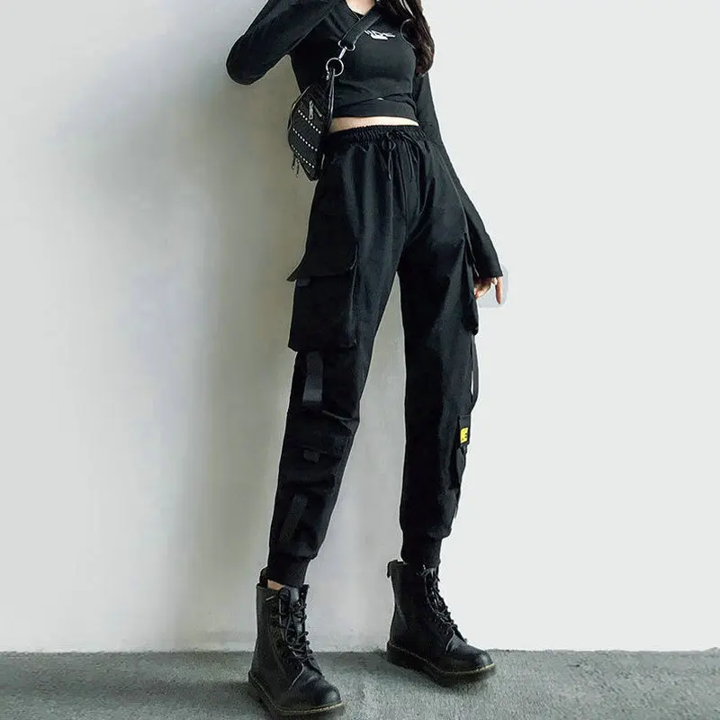 Women\'s Cargo Pants Black Ribbon Pocket Jogger Elastic Waist High Streetwear Harajuku Pant Punk Females Trousers Harem Pants