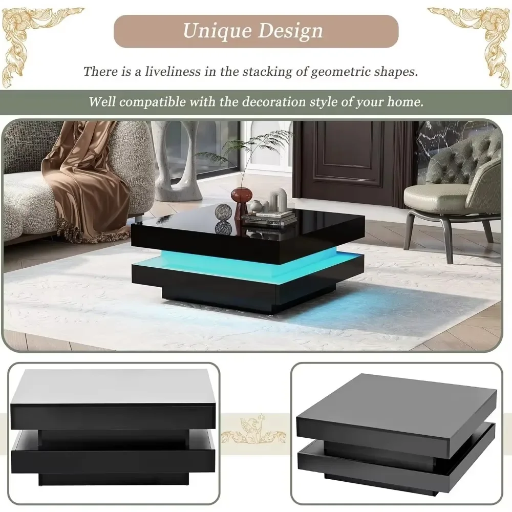 Coffee Table Modern Minimalist Design High Gloss 31.5 Inch 2 Tier Square  with Plug-In 16 Color LED Lights  Café Tables